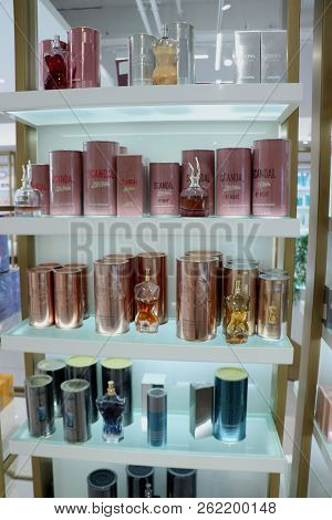 Haarlem, The Netherlands - October 6th 2018: Fragrances On Display In A Luxurious Department Store