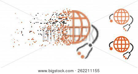 Global Medicine Icon In Dissolving, Pixelated Halftone And Undamaged Whole Variants. Elements Are Co