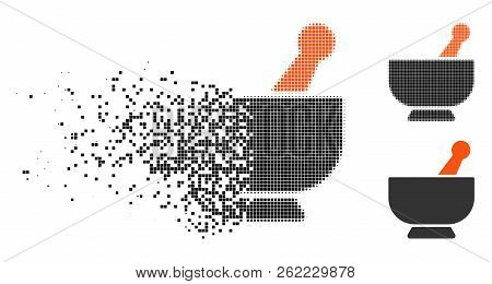Mortar Icon In Dissipating, Dotted Halftone And Undamaged Whole Variants. Points Are Arranged Into V
