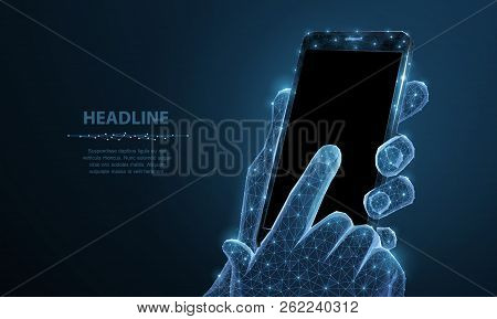 Mobile Phone. Abstract Polygonal Wireframe Closeup Mobile Phone With Blank Empty Black Screen In Hol