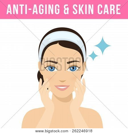 Women Anti-aging Skin Care. Woman With Perfect Skin Without Wrinkles And Pimples. Vector
