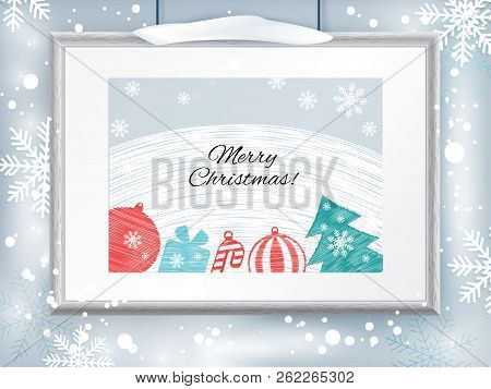 Christmas Certificate With Grey Realistic Border On Snowflake Background. Clean Design, Realistic Ef