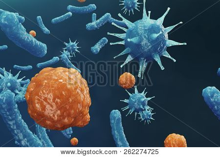 3d Illustration Virus Backgorund. Viruses Influenza, Hepatitis, Aids, E. Coli, Colon Bacillus. Conce