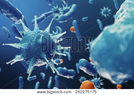 3d Illustration Virus Backgorund. Viruses Influenza, Hepatitis, Aids, E. Coli, Colon Bacillus. Conce