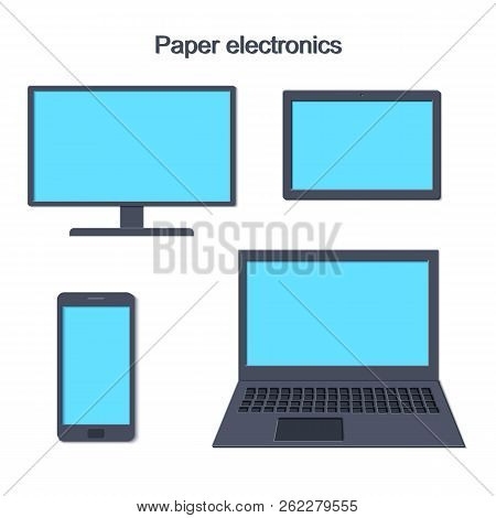 Set Mobile Phone, Tablet , Monitor, Laptop Template In Trandy Paper Cut Style. Collection Of Electro