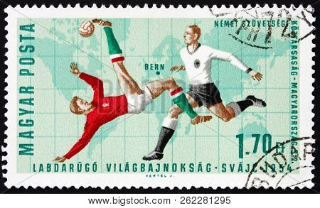 Hungary - Circa 1966: A Stamp Printed In Hungary Shows Soccer Play, Bern (germany 3, Hungary 2), Wor