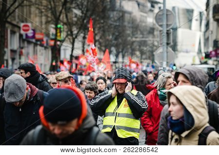 Strasbourg, France - Mar 22, 2018: Cgt General Confederation Of Labour Workers With Placard At Demon