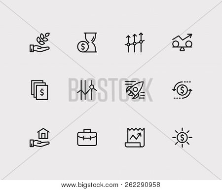 Capital Icons Set. Time Money And Capital Icons With Return On Investment, Profit And Stock. Set Of 