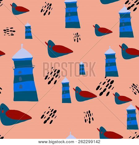 Seamless Pattern Sealife Sagull And Lighthouse Vector