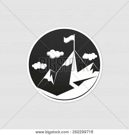 Flag On Mountain Top, Simple Vector Logo. Path To Achieving Goals, Success Concept. Isolated Icon Sy