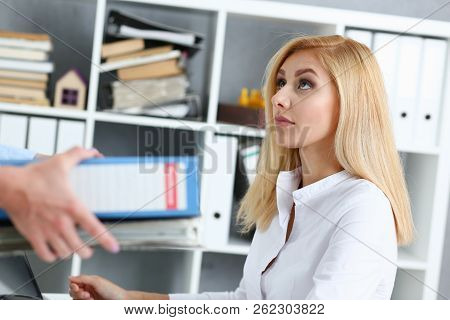 Female Employee Show Pack Of Documents To Busy Manager Or Boss Give Extra Work To Executor. White Co