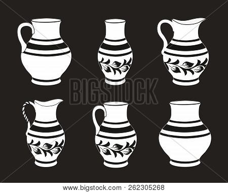 Set Of Ceramic Crockery In Black And White Colors. Collection Jugs In Different Variation. Rustic Ce