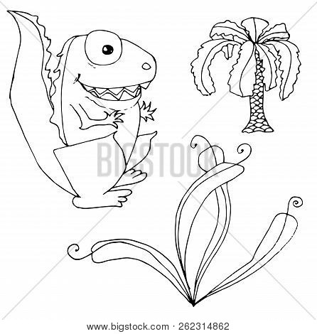 Cartoons Dragon, Plant Hand Drawn Monochrome Sketch. Design Element Stock Vector Illustration For We