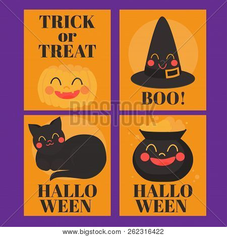 Flat Halloween Creepy Cat And Pumpkin Jack For Banner, Greeting Card, Scary Witch Hat And Pot Spooky