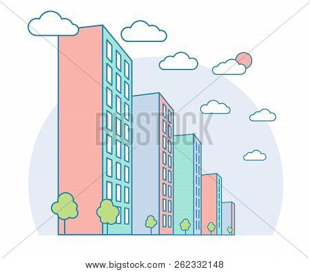 Nice City Landscape View With High Buildings, Clouds, Trees, Modern Residential And Tenement House, 