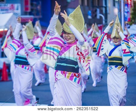 Tokyo - Aug 26 : Participants In The Awa Odori Festival In Tokyo, Japan On August 26 2018. Awa Odori