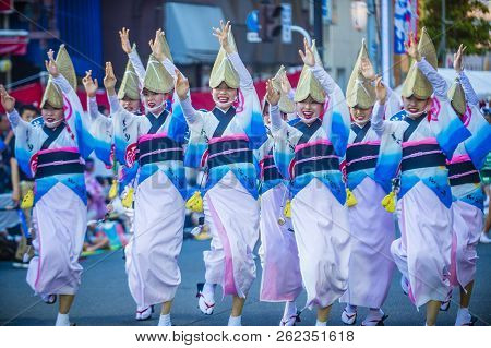 Tokyo - Aug 26 : Participants In The Awa Odori Festival In Tokyo, Japan On August 26 2018. Awa Odori