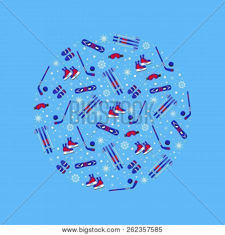 Winter Sports Equipment Vector Illustration. Ice Hockey, Skating, Skiing, Snowboarding Attributes. R