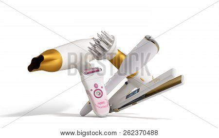 Set Of Equipment For Hair Care Hair Dryer, Epilator, Curling Iron, Hair Straightener 3d Render On Wh