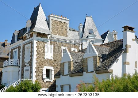 Saint Malo, France - August 28, 2018: Traditional House Facades In Parame Along Hoguette Beach, View