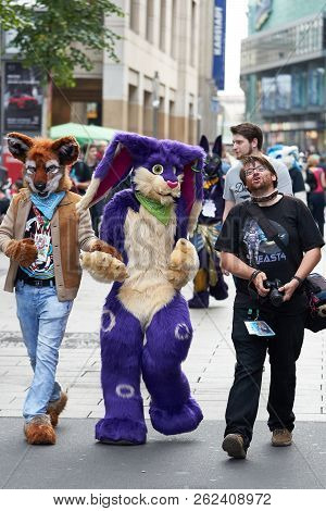 Leipzig, Germany - October 06, 2018: Cosplayers Disguised As Animals Go Through The City Center Of L