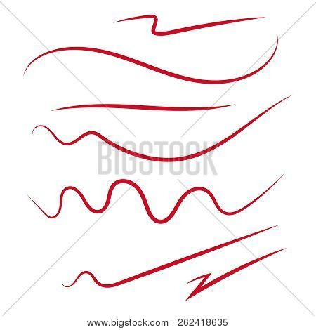 Vector Set Of Hand Drawn Underline. Felt Tip Brush Smears. Red Paint Stripe.