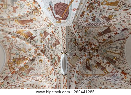 Mon, Denmark - September 17, 2018: Interior Of Fanefjord Church With Colorful Ceiling With Frescoes 