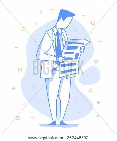 Serious Businessman Reading A Newspaper. Vector Illustration Of A Standing Office Clerk In Flat Line