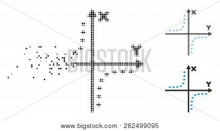 Dotted Hyperbola Plot Icon In Dissipating, Pixelated Halftone And Undamaged Entire Variants. Particl