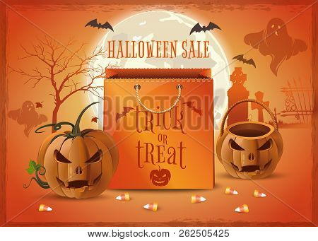 Halloween Sale Poster Design. Halloween Shopping. Trick Or Treat. Vector Illustration