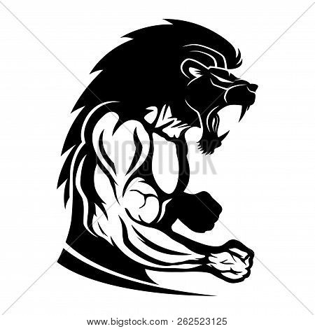 Sign Of Muscular Athlete Fighter With Lion Head.