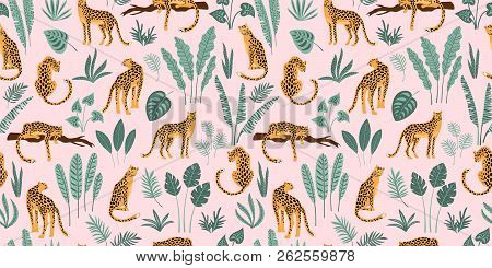Vestor Seamless Pattern With Leopards And Tropical Leaves.