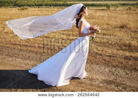 Beautiful Smiling Bride Wearing A Natural Flower Wreath And Standing In The Golden Summer Fields Wit