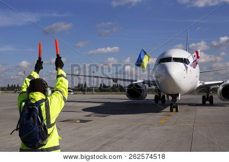 Borispol, Ukraine - October 05, 2018: Meeting Of The First Flight To Ukraine Of Myway Airlines Boein