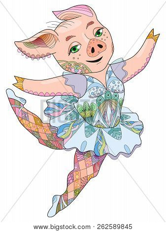 Zentangle Stylized Pig Ballerine. Hand Drawn Decorative Vector Illustration
