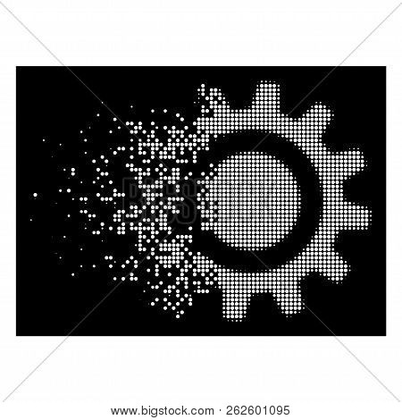 Cog Icon With Disappearing Effect On Black Background. White Pieces Are Composed Into Vector Disappe