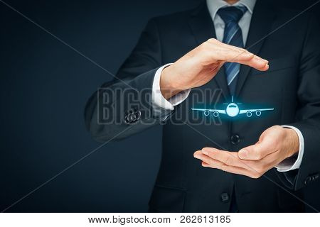 Travel Insurance Concept. Insurance Agent Or Businessman With Protective Gesture And Icon Of Plane. 