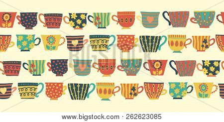 Tea Cups Vector Seamless Pattern Border Beige. Tea Cups, Teapot, Spoons, Cupcakes. Hand Drawn Mug Il