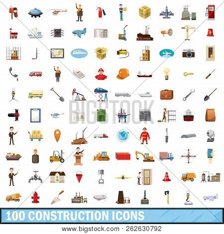 100 Construction Icons Set In Cartoon Style For Any Design Illustration
