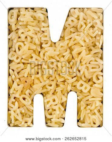 Capital Letter M  made up from  alphabet  pasta  macro image 
