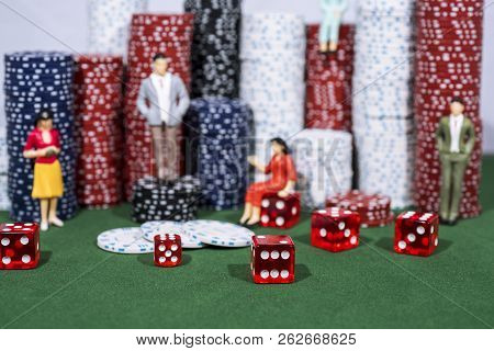 Casino Abstract Photo. Poker Game On Red Background. Theme Of Gambling
