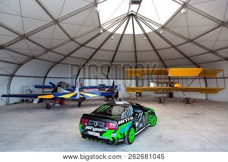 Odessa, Ukraine - June 11, 2017: Monster Energy Nitto Tire Ford Mustang Rtr In A Hangar For Planes.
