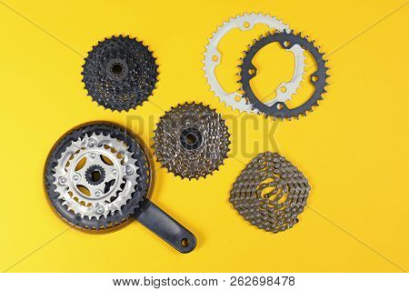 Set Of Different Bicycle Parts On Color Background, Flat Lay