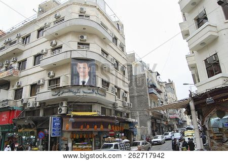 Damascus, Syria - January 14, 2010:  Photo Of President Bashar Al-assad On A Building In The Capital