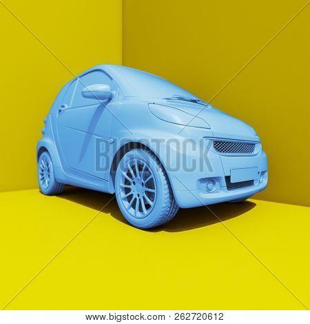 3d Small Modern Compact Car with Glossy Paint, Hi-Detailed Micro Car Template Mockup, Urban Electric Mini Car for Branding Corporate Identity Logo Design, Eco-Friendly Hi-Tech Vehicle, Small Vehicle
