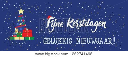 Christmas Banner. Dutch Text: Merry Christmas. Happy New Year. Lettering. Vector Illustration. Eleme