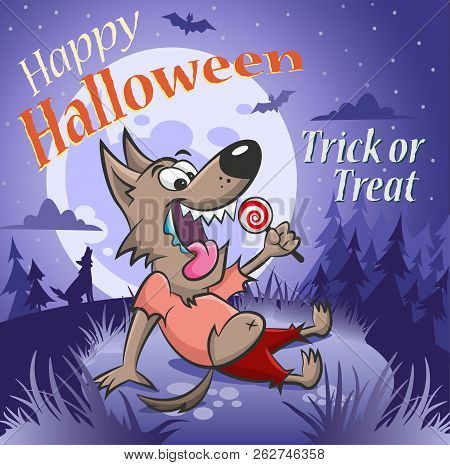 Happy Halloween Illustration. Werewolf With A Candy Under The Moon.
