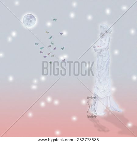 Woman`s marble statue and butterflies. Glowing moon and hourglass. 3D rendering