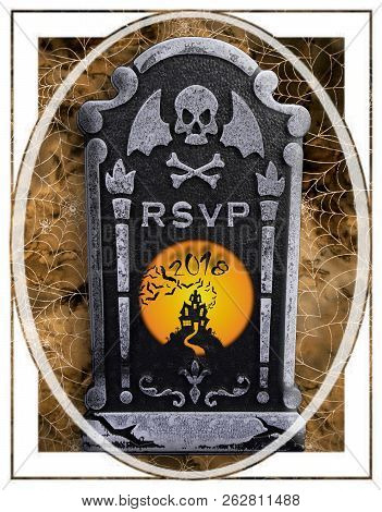 Elegant Halloween Party Rsvp Invitation, Head Stone With Skull And Crossed Bones With Bat Wings And 