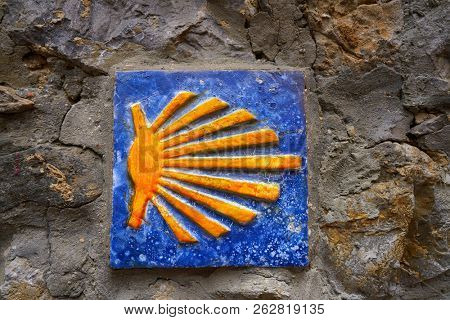 Camino de Santiago sign way of Saint James in Ribadesella Asturias of Spain